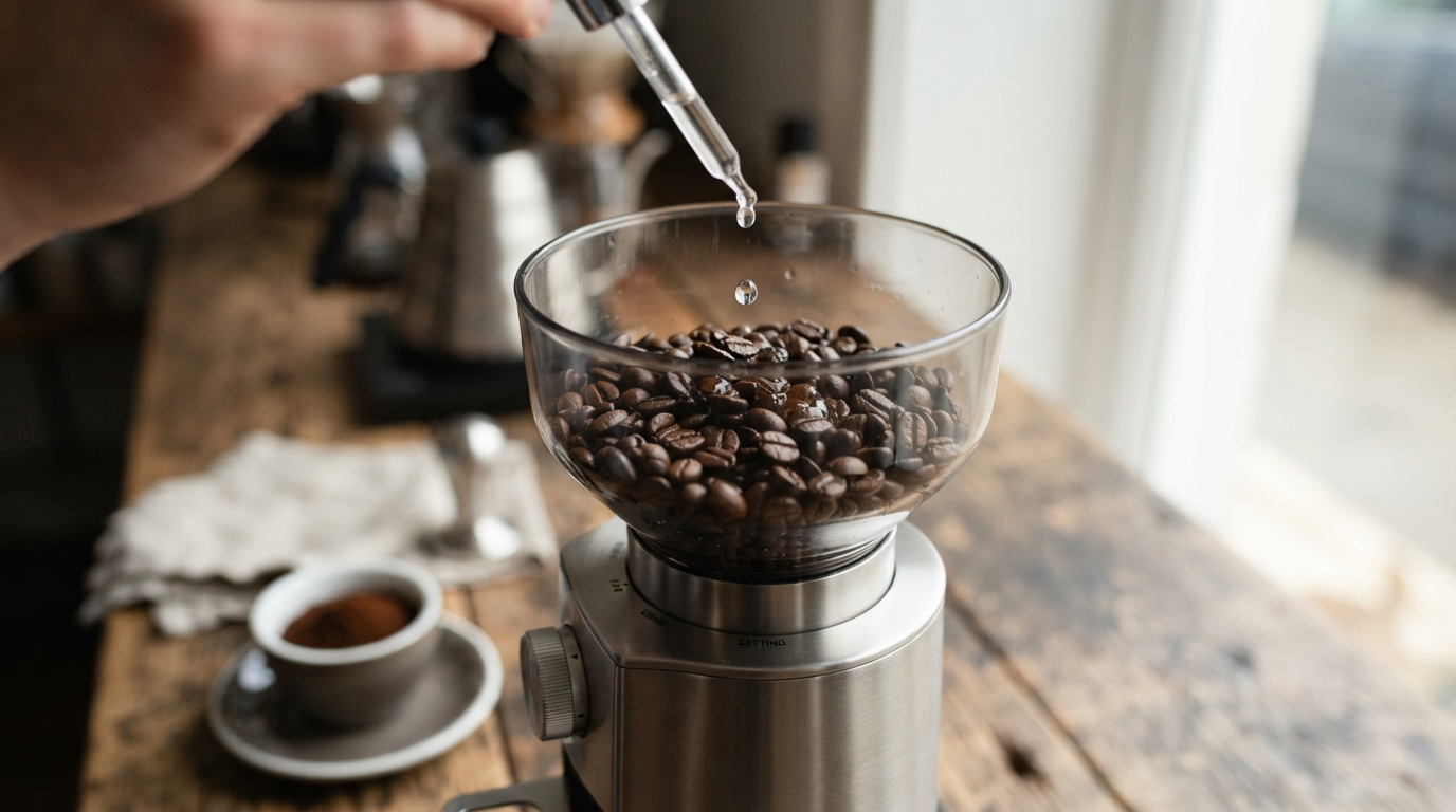 Agua en granos de café antes de moler: cómo la RDT reduce la estática y mejora el espresso